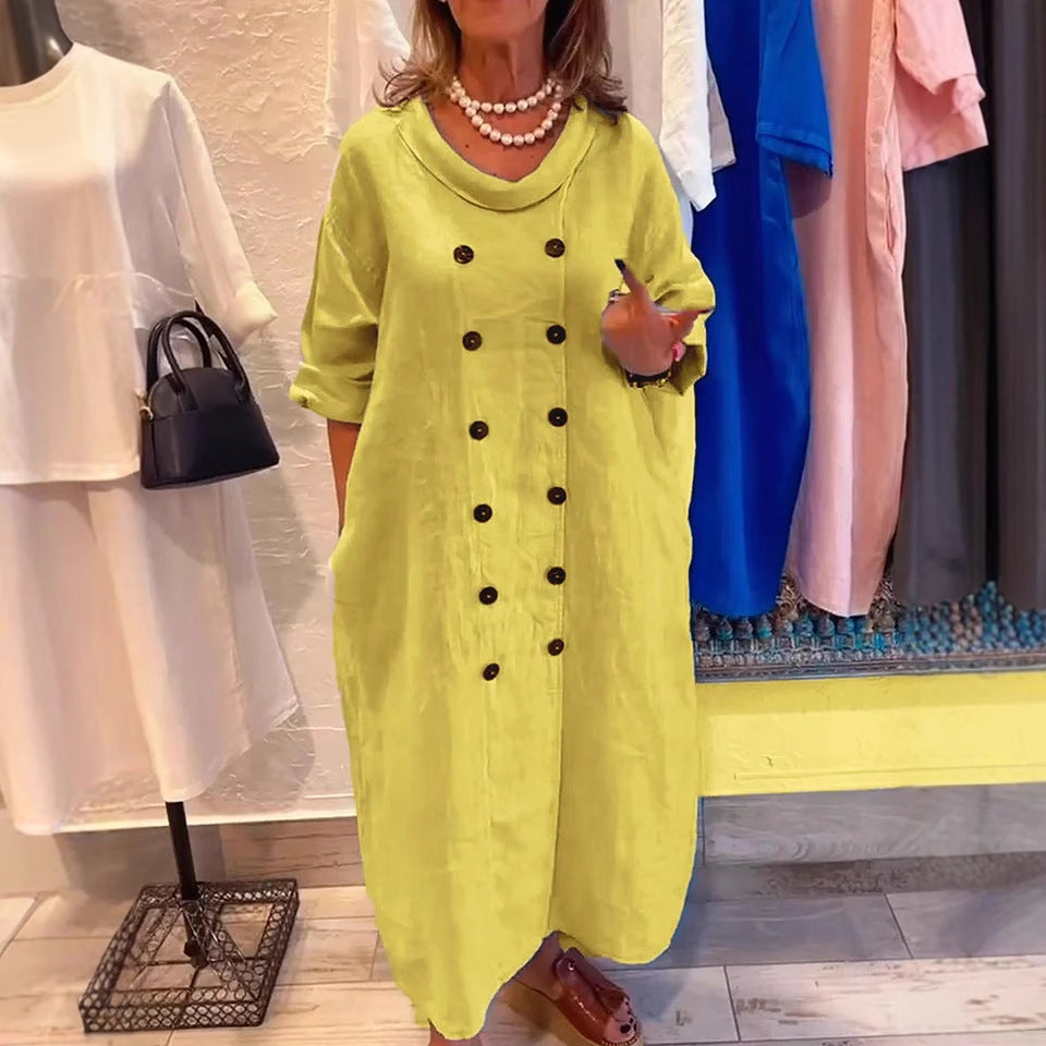 Solid Color Holiday Leisure Button Artistic Style Fashion Cotton And Linen Dress