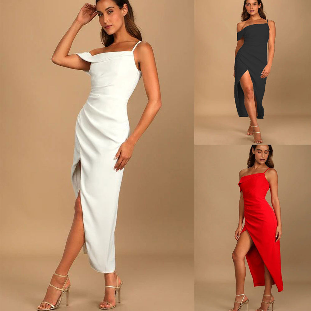 Hip-wrapped Off-shoulder Irregular Slit Dress Women
