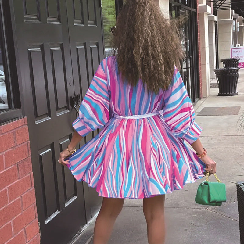 Women's V-Neck Rainbow Stripe Short Dress Three Quarters Sleeve Casual Summer Sundress With Tie Waist