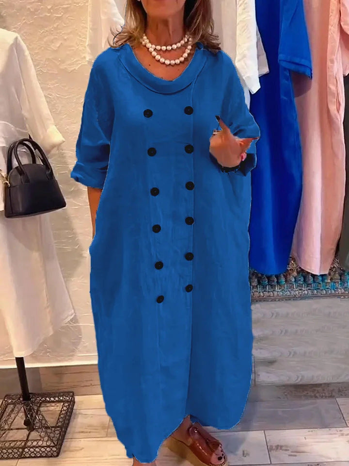 Solid Color Holiday Leisure Button Artistic Style Fashion Cotton And Linen Dress