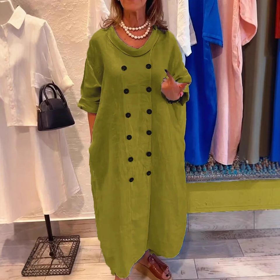 Solid Color Holiday Leisure Button Artistic Style Fashion Cotton And Linen Dress