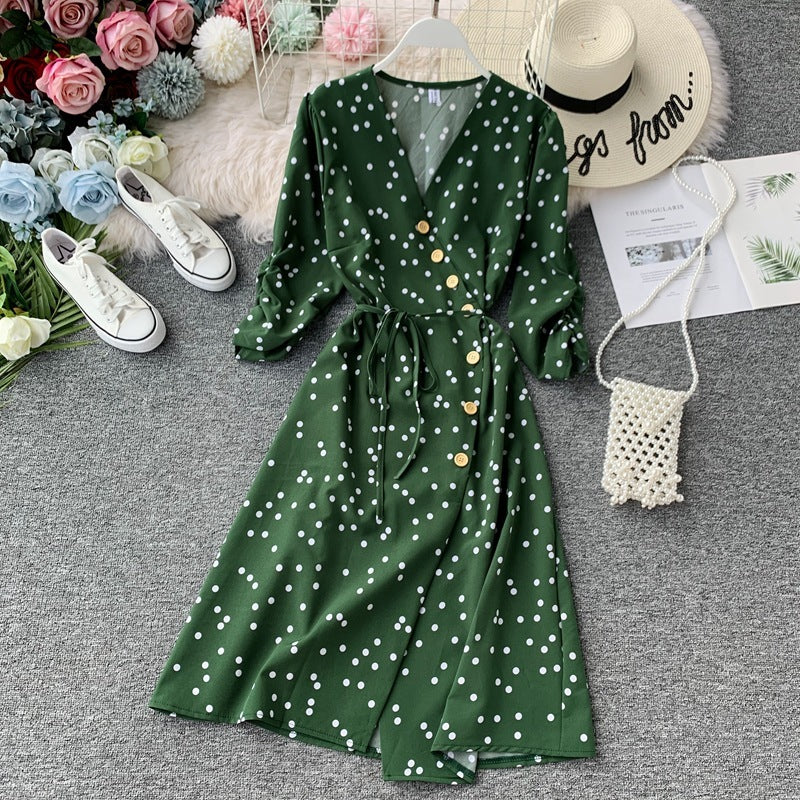 Polka dot lace chiffon dress over the knee midi skirt