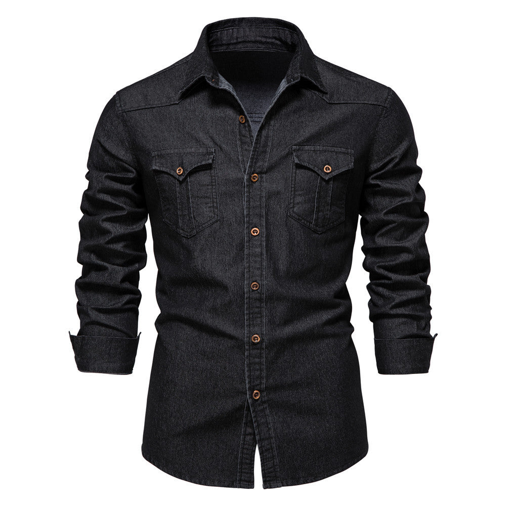 Men's Long-sleeved Denim Shirt Casual Solid Button Slim Tops Clothing