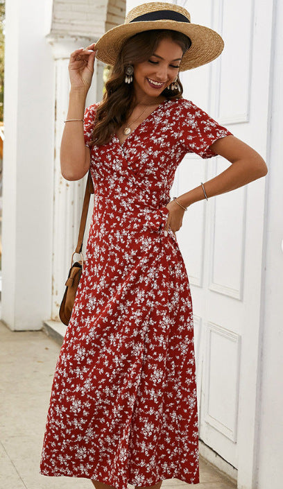 European And American Printed V-neck High Waist Midi Dress