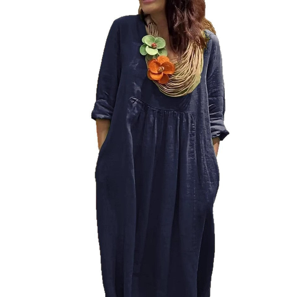 Women's Casual Solid Color Cotton And Linen Pocket Dress