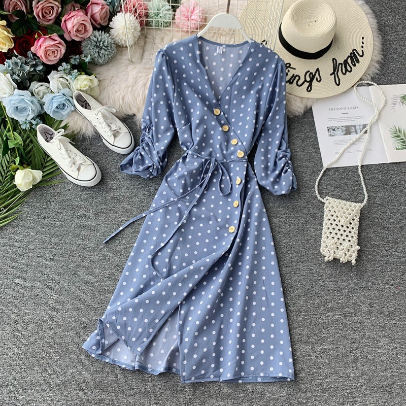 Polka dot lace chiffon dress over the knee midi skirt