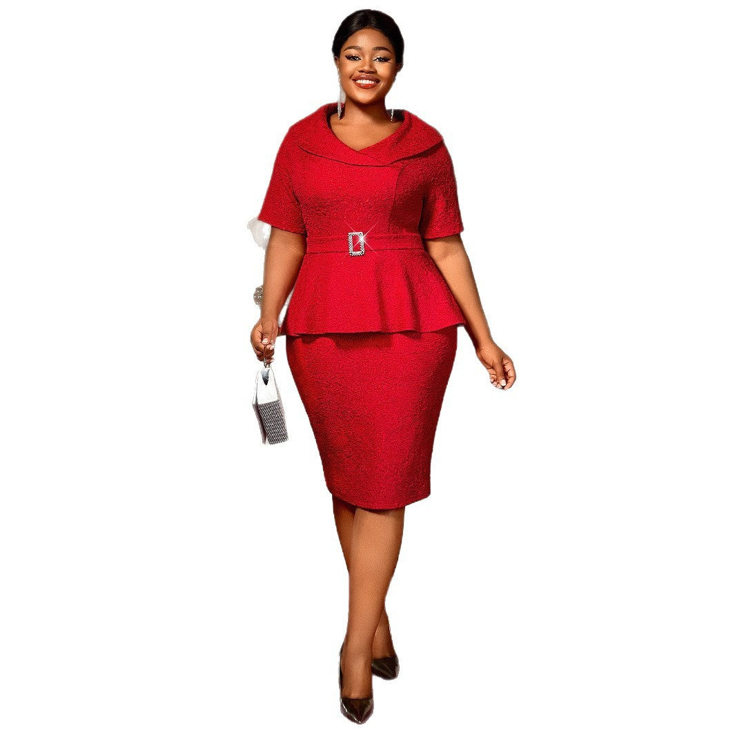 Red Slimming Lapel Skirt Short Dress Dress