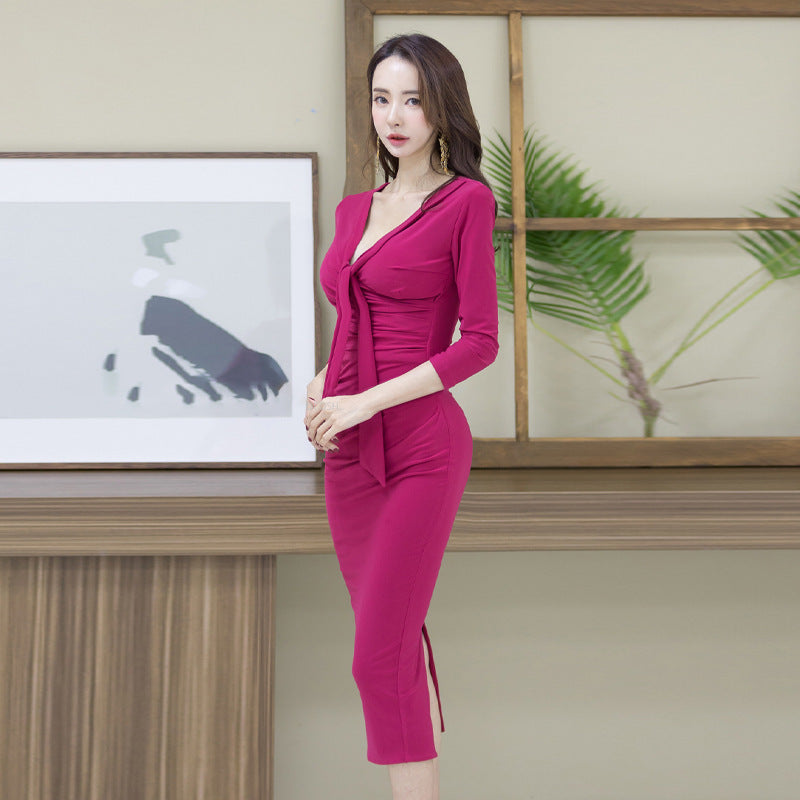 V Neck Slim Fit Over The Knee Mid Length Dress Pencil Skirt