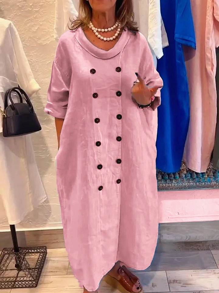 Solid Color Holiday Leisure Button Artistic Style Fashion Cotton And Linen Dress