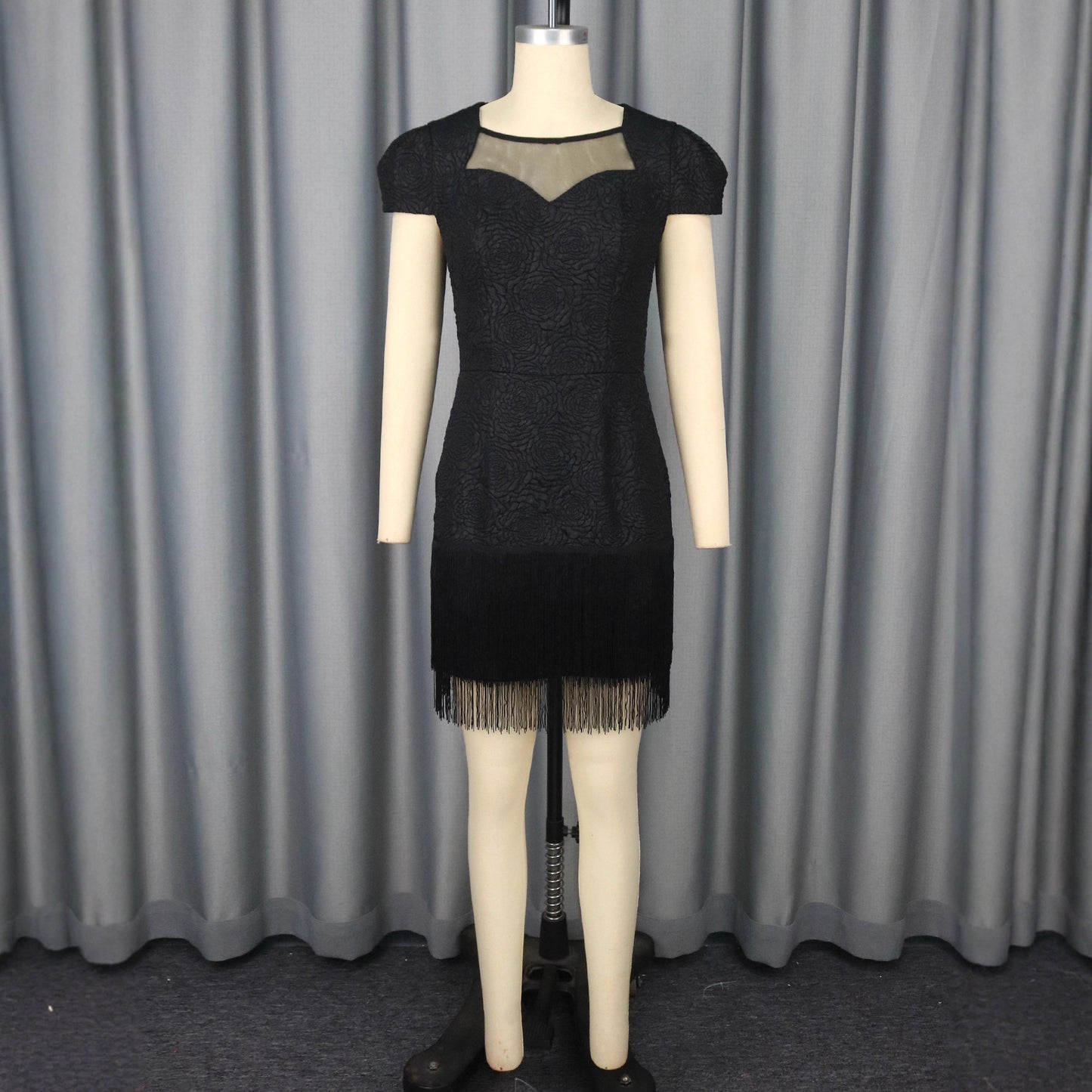 Hollow Lace Black Round Neck Dress