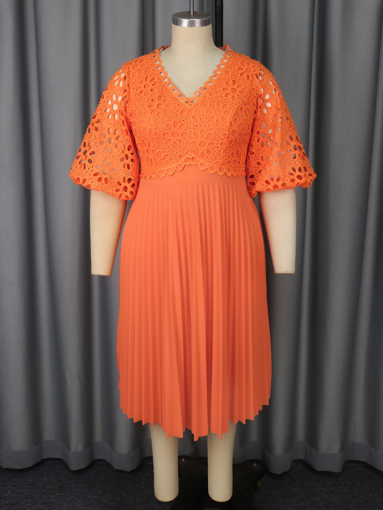 Lace Hollow Pattern Puff Sleeve V-neck Slimming A Swing Elegant Pleated Dress
