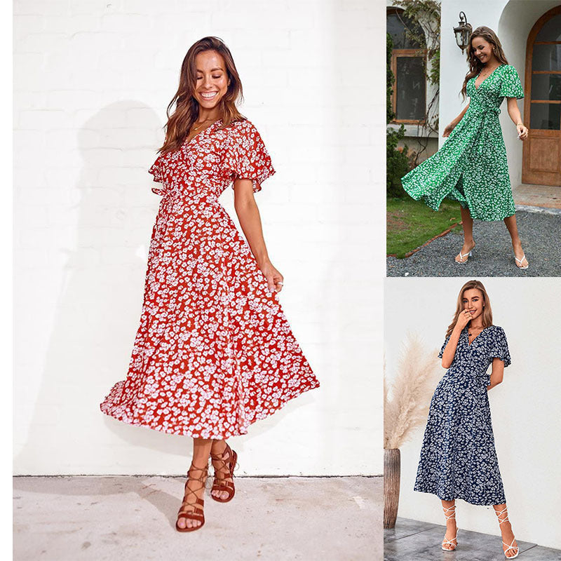 European And American Printed V-neck High Waist Midi Dress