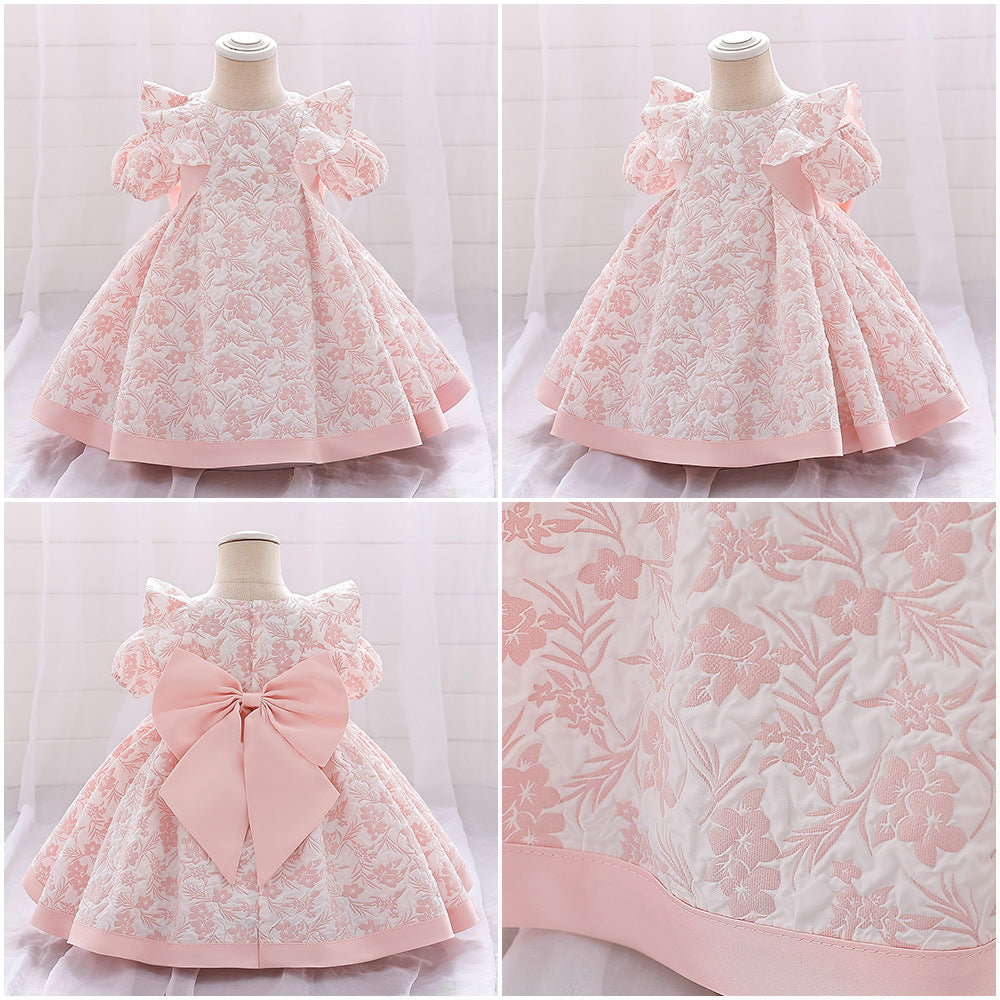Girls' Fashion Bowknot Embroidered Dress