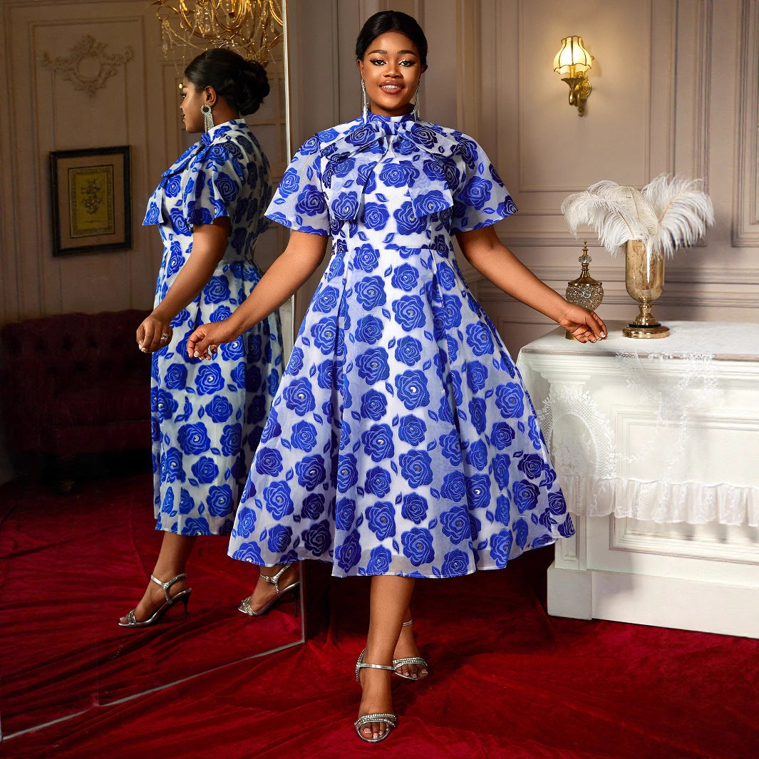 Half Turtleneck A- Line Tie Neckline Strap Bow Blue Embossed Dress