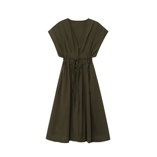 Summer New Women's Fashion Pleated Draped Short Sleeve Midi Skirt Dress
