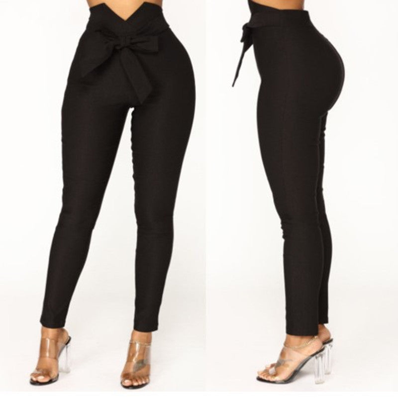 Elastic high waist lace-up casual pencil pants