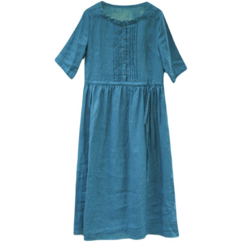 Women's Retro Organ Pleated Cotton And Linen Midi Dress