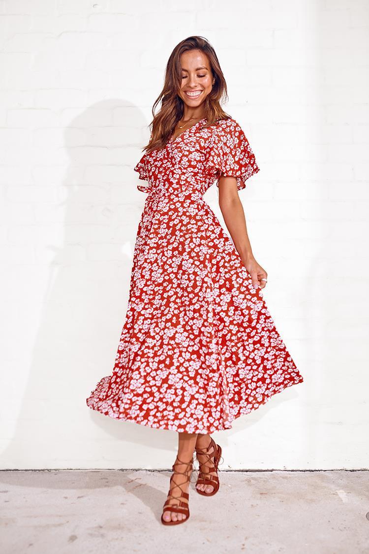 European And American Printed V-neck High Waist Midi Dress
