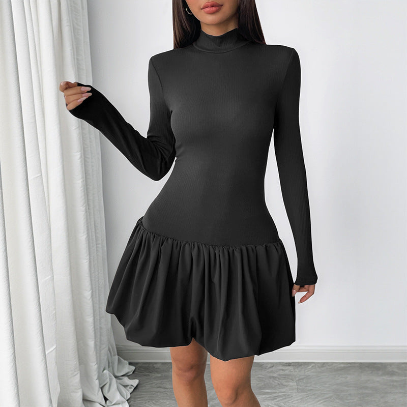 Simple Elegant Basic Turtleneck Long Sleeve Solid Color Dress