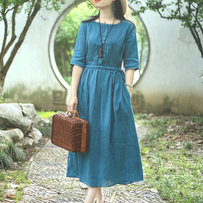 Women's Retro Organ Pleated Cotton And Linen Midi Dress