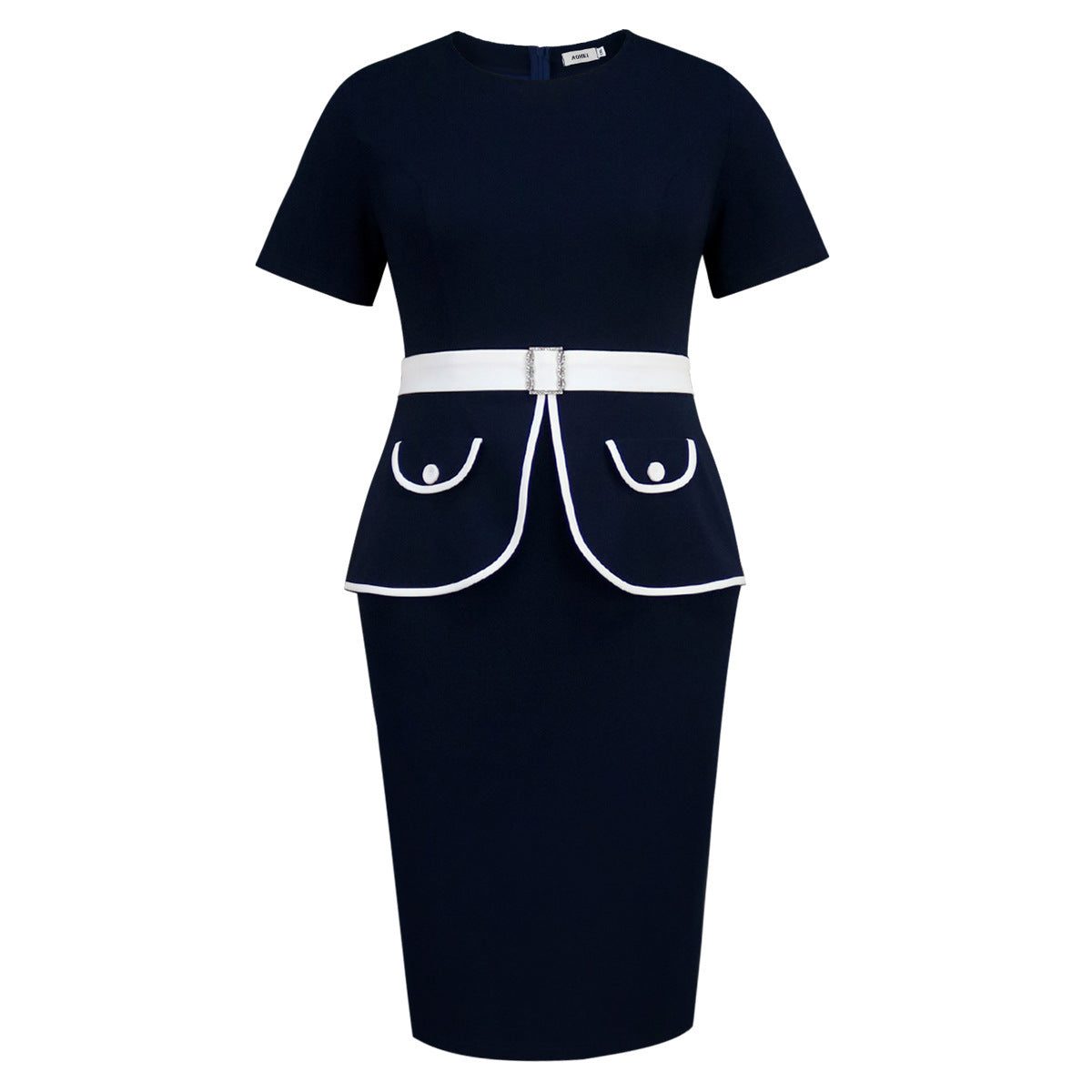 Round Neck Fashion Temperament Sheath Belt Buckle Ruffled Slimming Dress