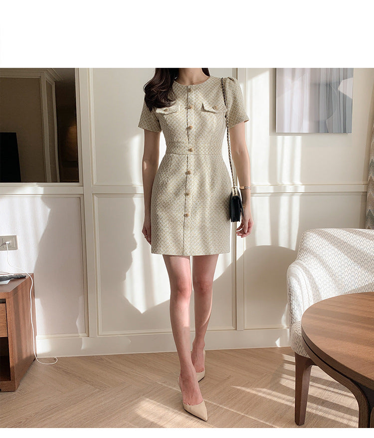 Short Sleeve Round Neck Waist Pack Hip Midi Dress
