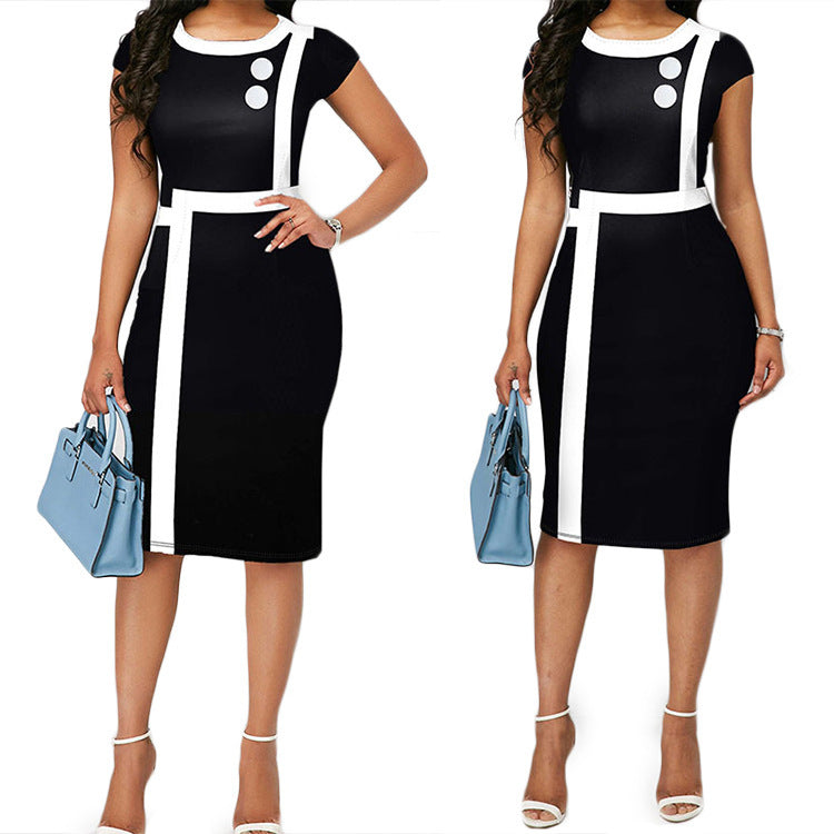 Color Matching Midi Skirt Sexy Black High Waist Temperament Commuter Dress