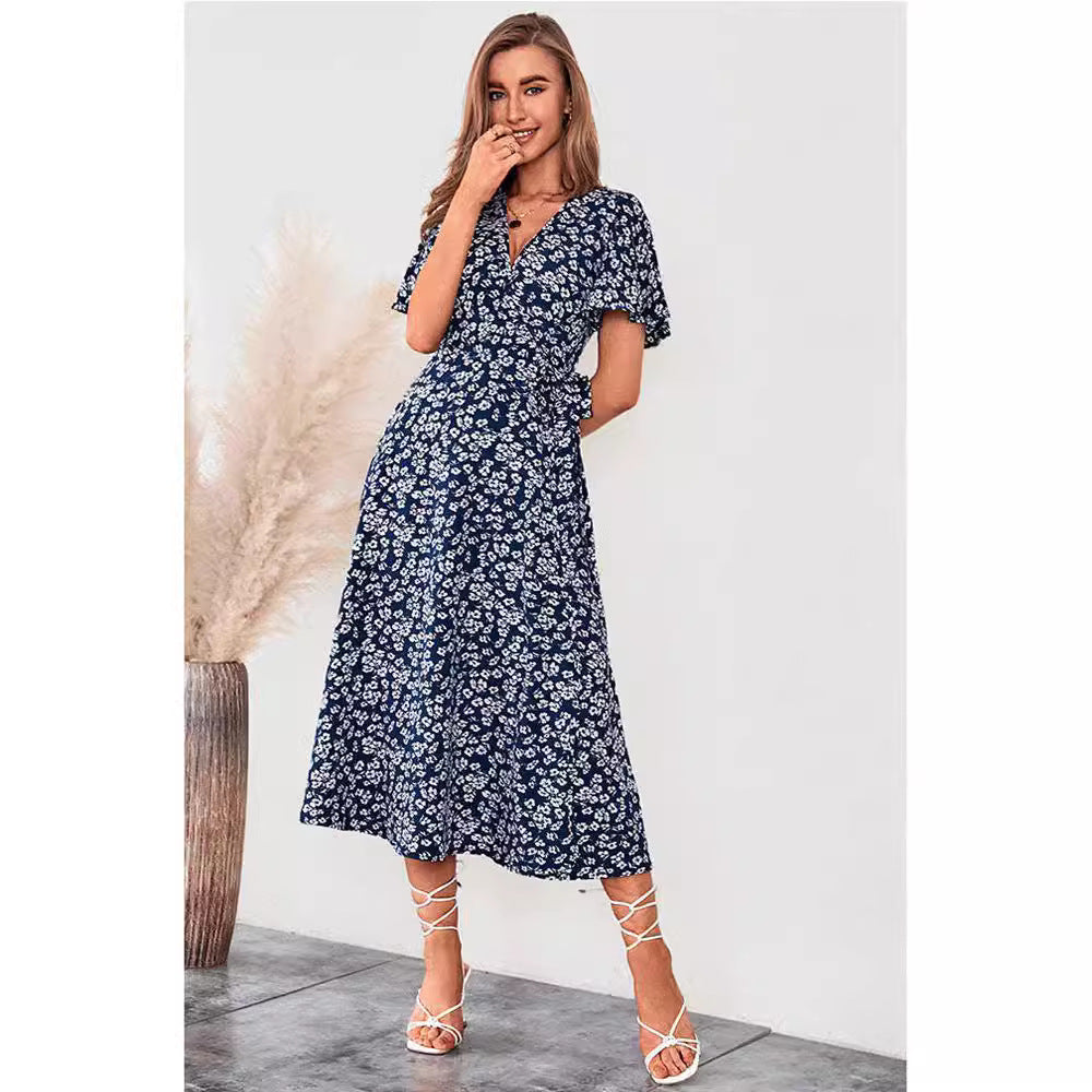European And American Printed V-neck High Waist Midi Dress