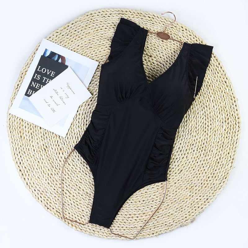 Women's V Neck Ruffle Sleeve Bathing Suit Ruched Tummy Control One Piece Swimsuits