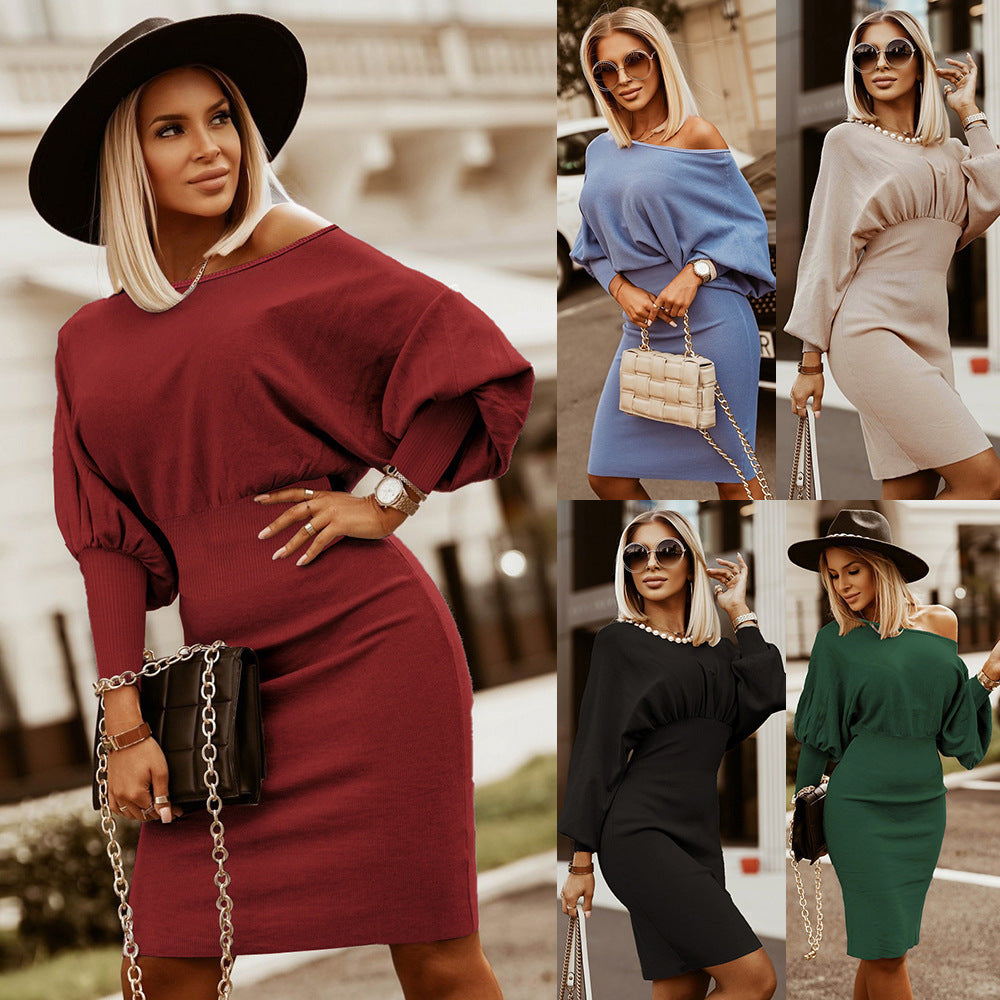Women's FallWinter Slim Slimming Knitted Batwing Sleeve Skirt