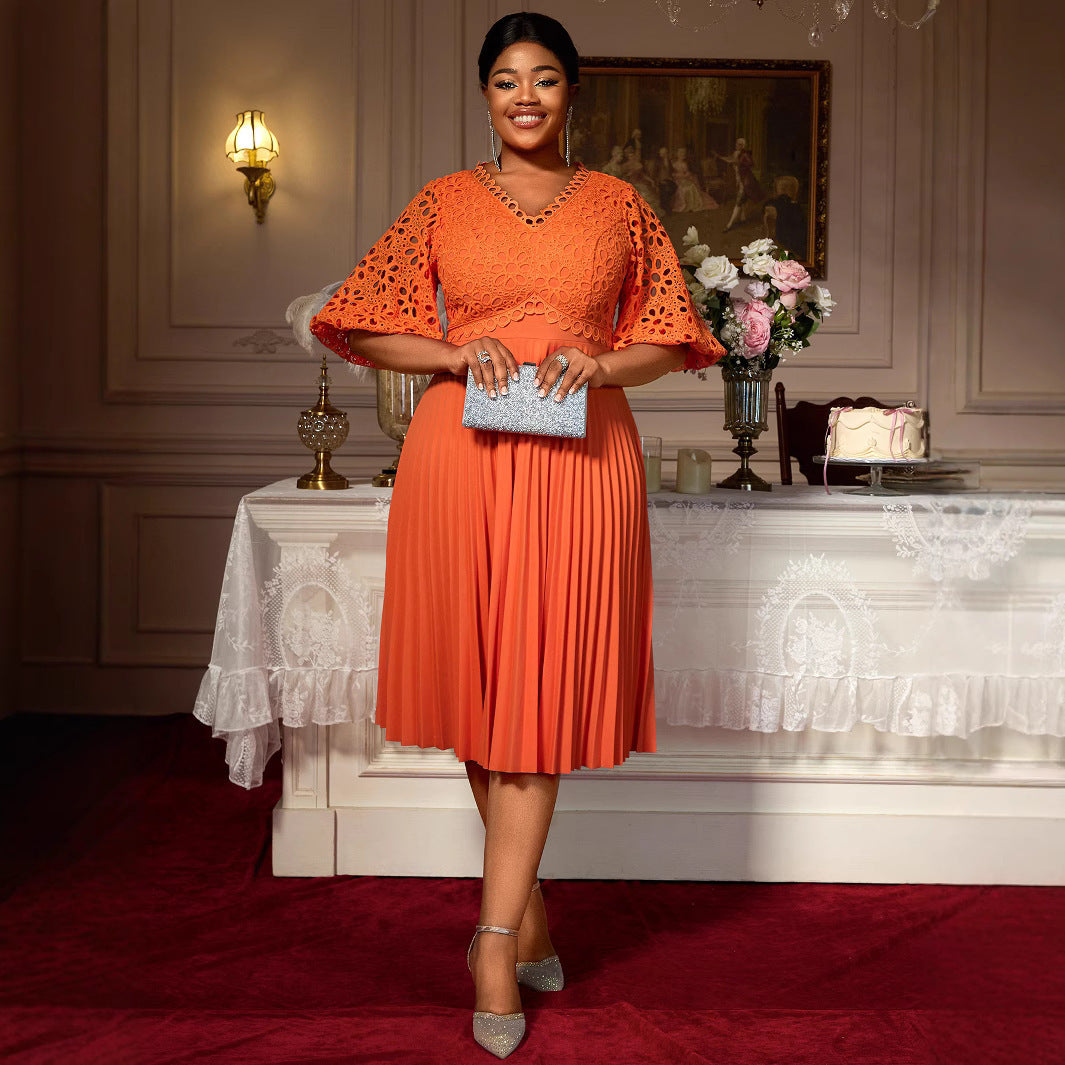 Lace Hollow Pattern Puff Sleeve V-neck Slimming A Swing Elegant Pleated Dress