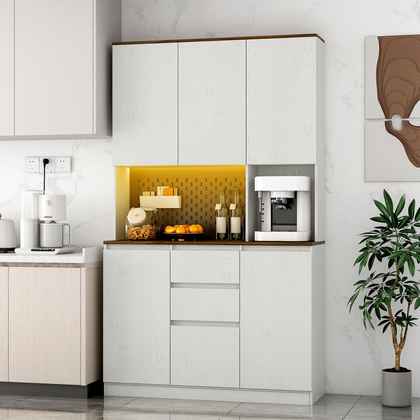 Kitchen Pantry Cabinet With Charging Station,Freestanding Buffet Cupboards Sideboard With Drawer,with LED Lights,Modern Pantry Cabinet With Microwave Stand For Kitchen,Living Room,Dinning Room