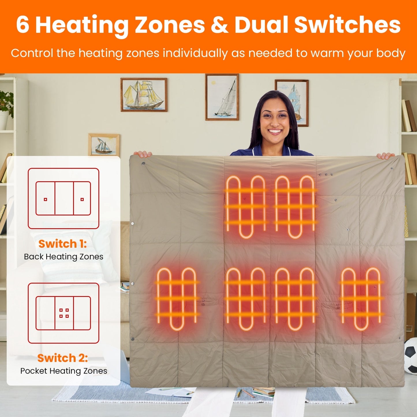 USB Heated Blanket Electric Heated Poncho Shawl Wrap Throw With Zipper Arm Holes Pocket 3 Heating Levels 6 Zones 5V 2A Machine Washable For Home Office Outdoor