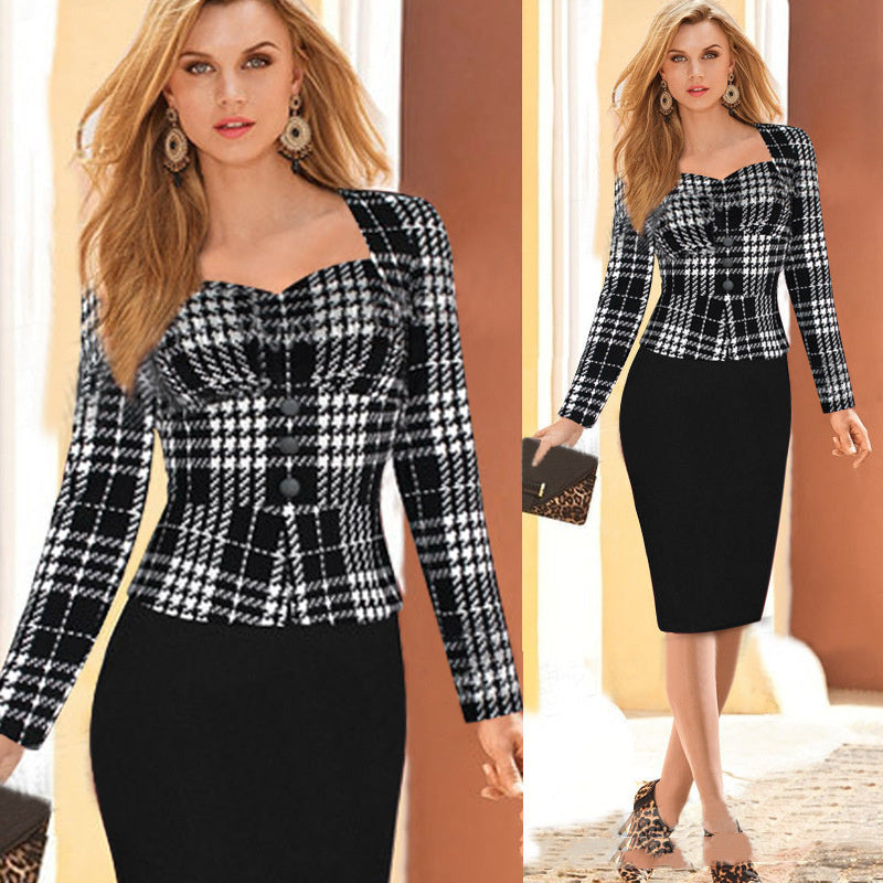 Houndstooth Fake Two Piece Panel Slim Pencil Dress