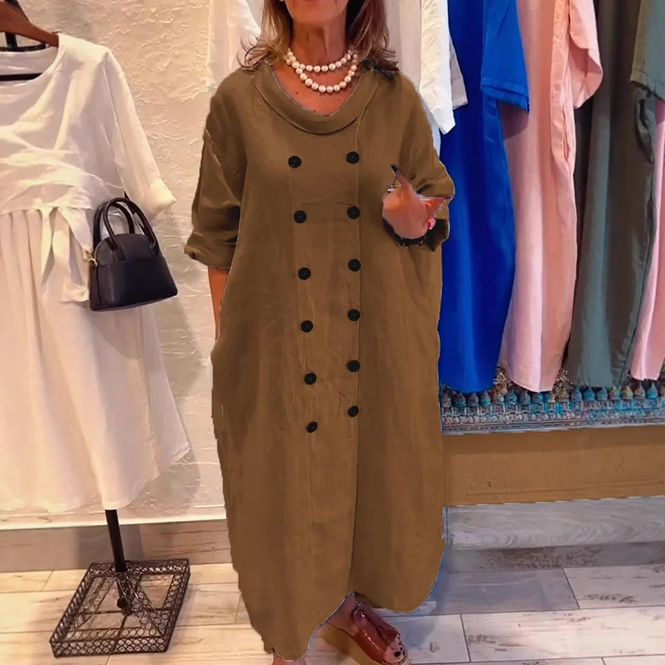 Solid Color Holiday Leisure Button Artistic Style Fashion Cotton And Linen Dress