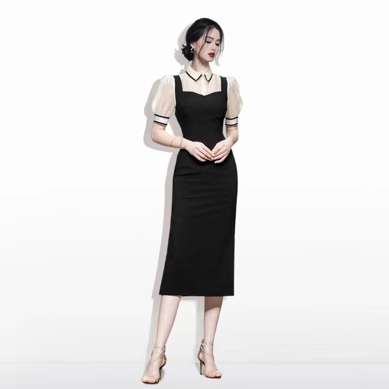 Fitted Shirt Collar Panel Midi Dress