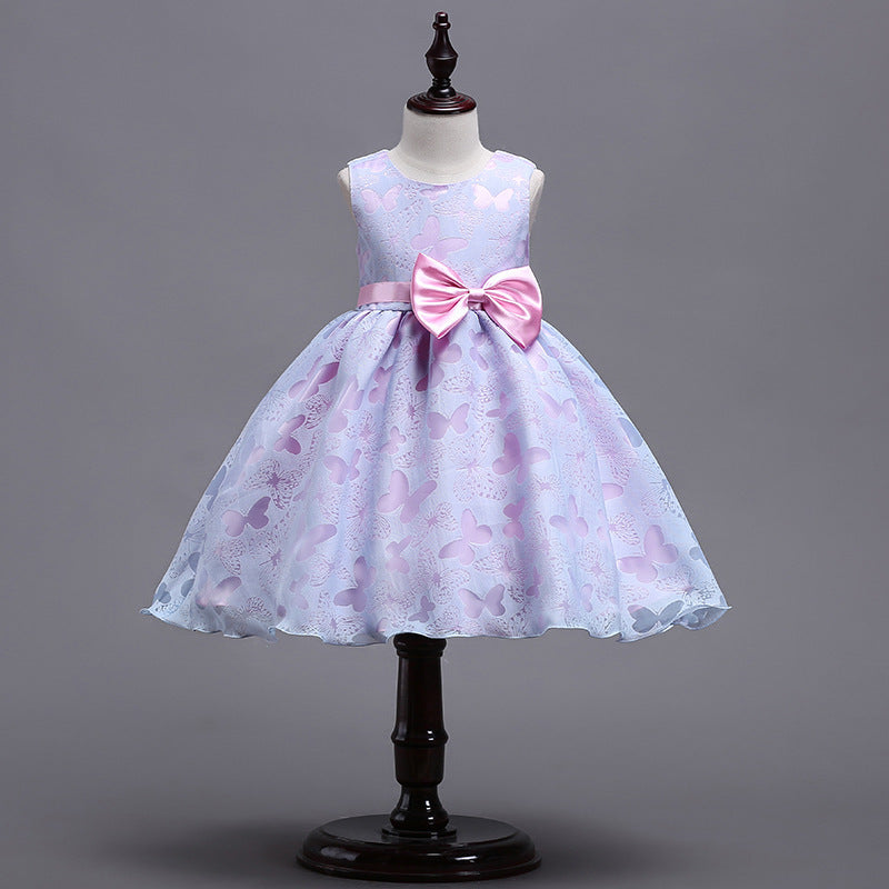 Bow Pleated Mesh Puffy Girls Dress