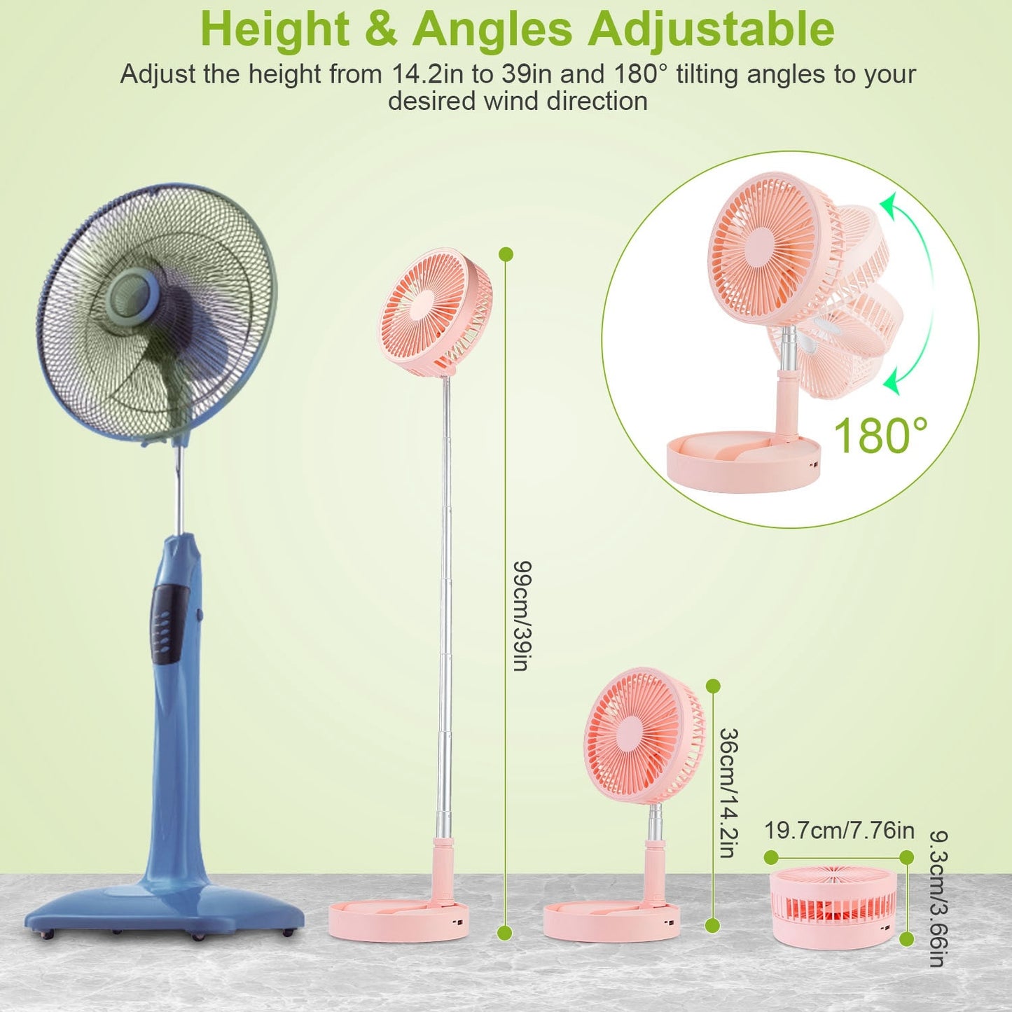 1Pc Portable Folding Desk Table Fan Quiet USB Rechargeable Telescopic Standing Floor Fan With 4 Speeds Adjustable Height 180Degree Tilting Angle For Office Home Outdoor Camping Travel