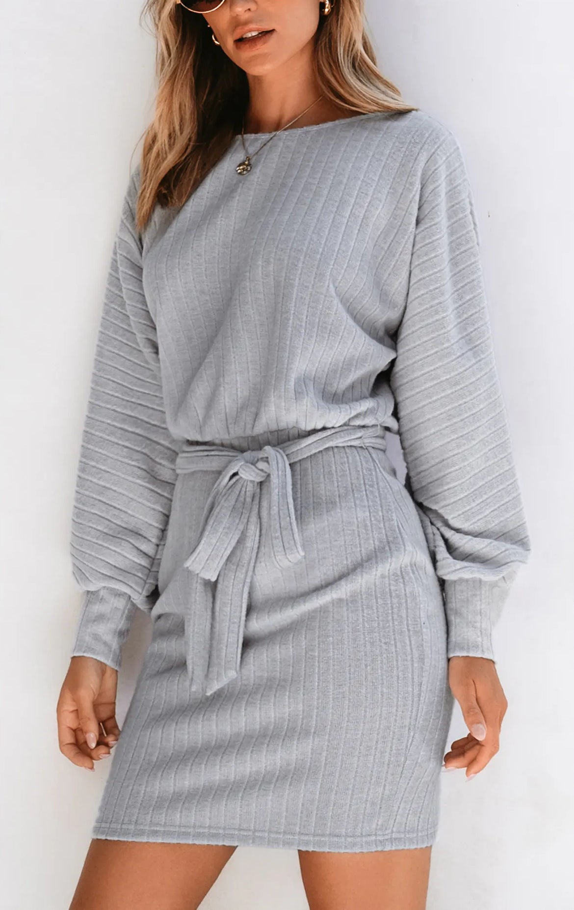 Belt Decorative Long Sleeve Sunken Stripe Woolen Knit Dress