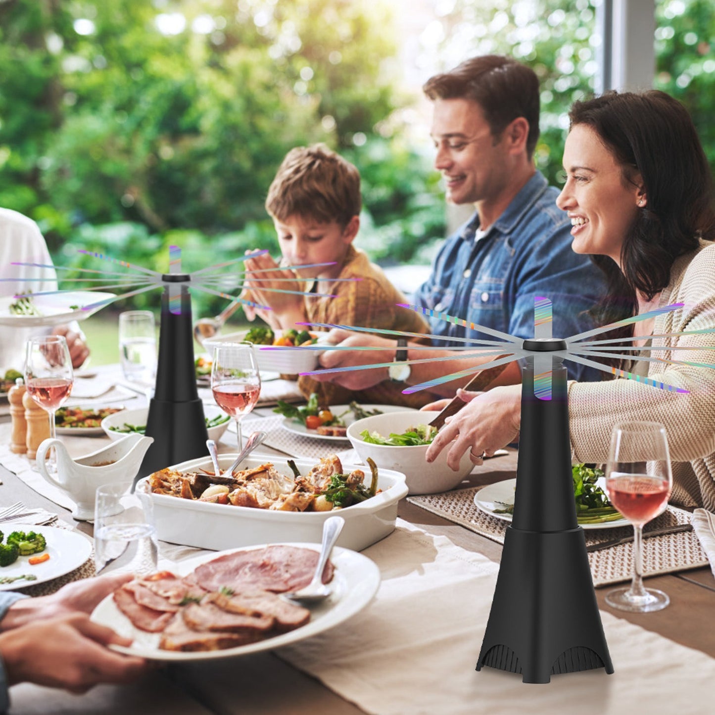 2 Pack Portable Reflective Fly Repellent Fan Rechargeable Battery Powered Table Food Fly Trap With Pattern Soft-Stop Blade Hanging Hook Indoor Outdoor Table
