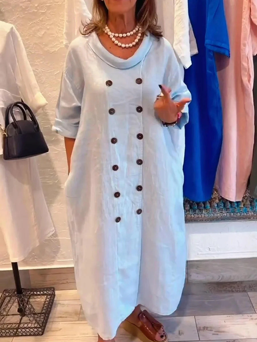 Solid Color Holiday Leisure Button Artistic Style Fashion Cotton And Linen Dress
