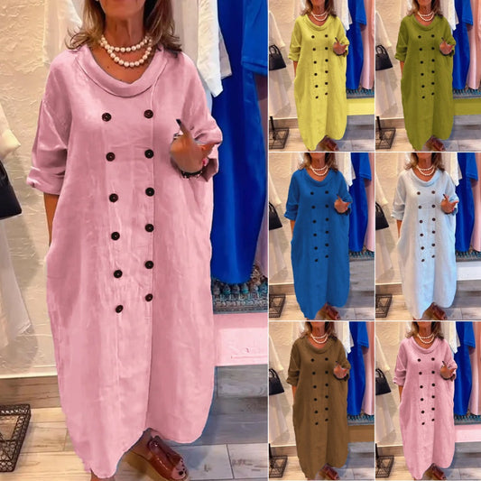 Solid Color Holiday Leisure Button Artistic Style Fashion Cotton And Linen Dress