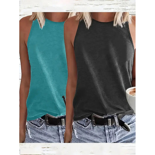 2pcs Women's Summer Casual Tank Tops - Breathable Sleeveless Crew Neck Solid Color