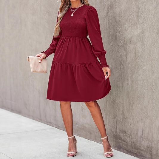 Round Neck Ruffled Lantern Sleeves Long Sleeve Dress