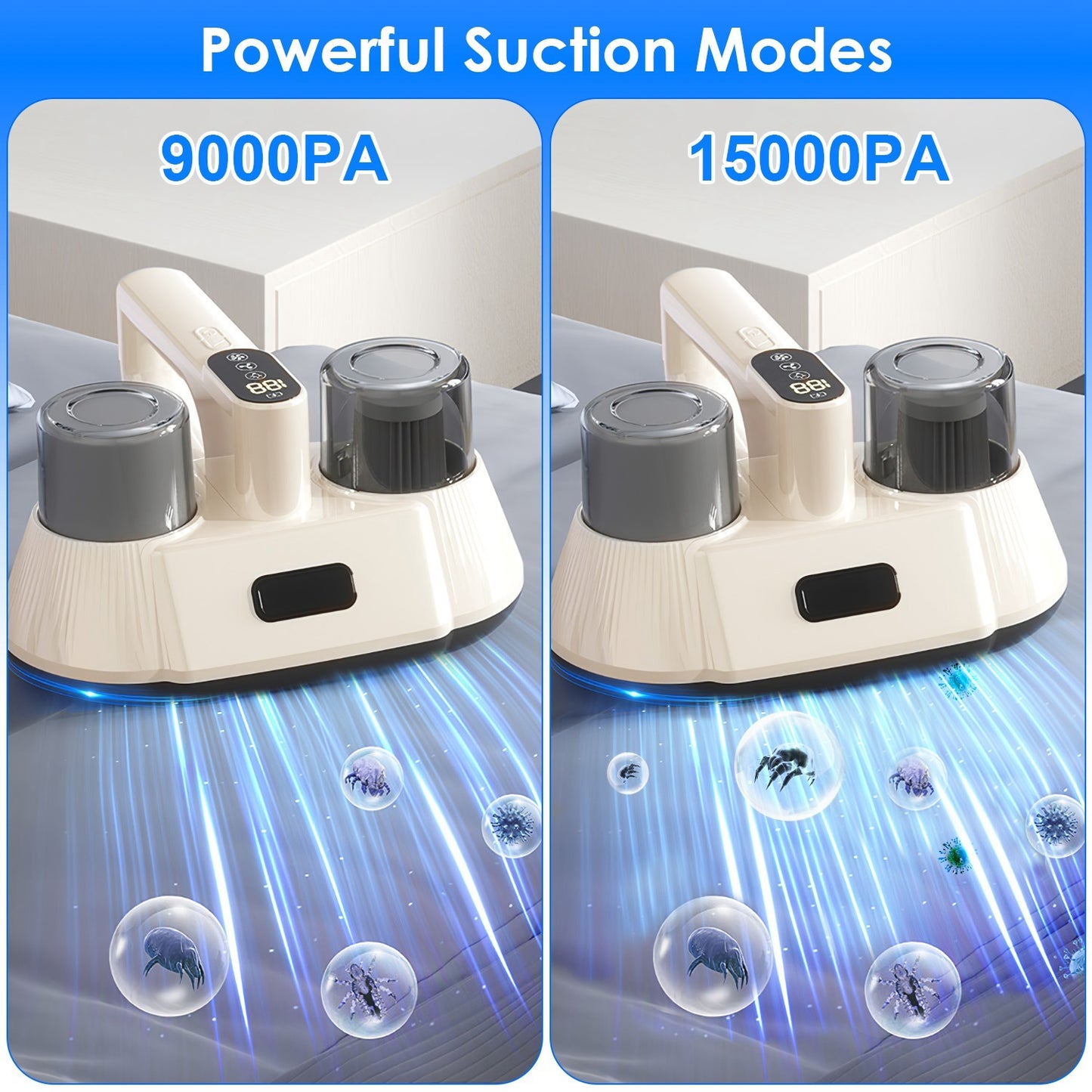 15000PA Double-Cup Bed Vacuum Cleaner With UV-C Light Cordless Mattress Vacuum Rechargeable Dust Mites Remover With 3 Washable Filters