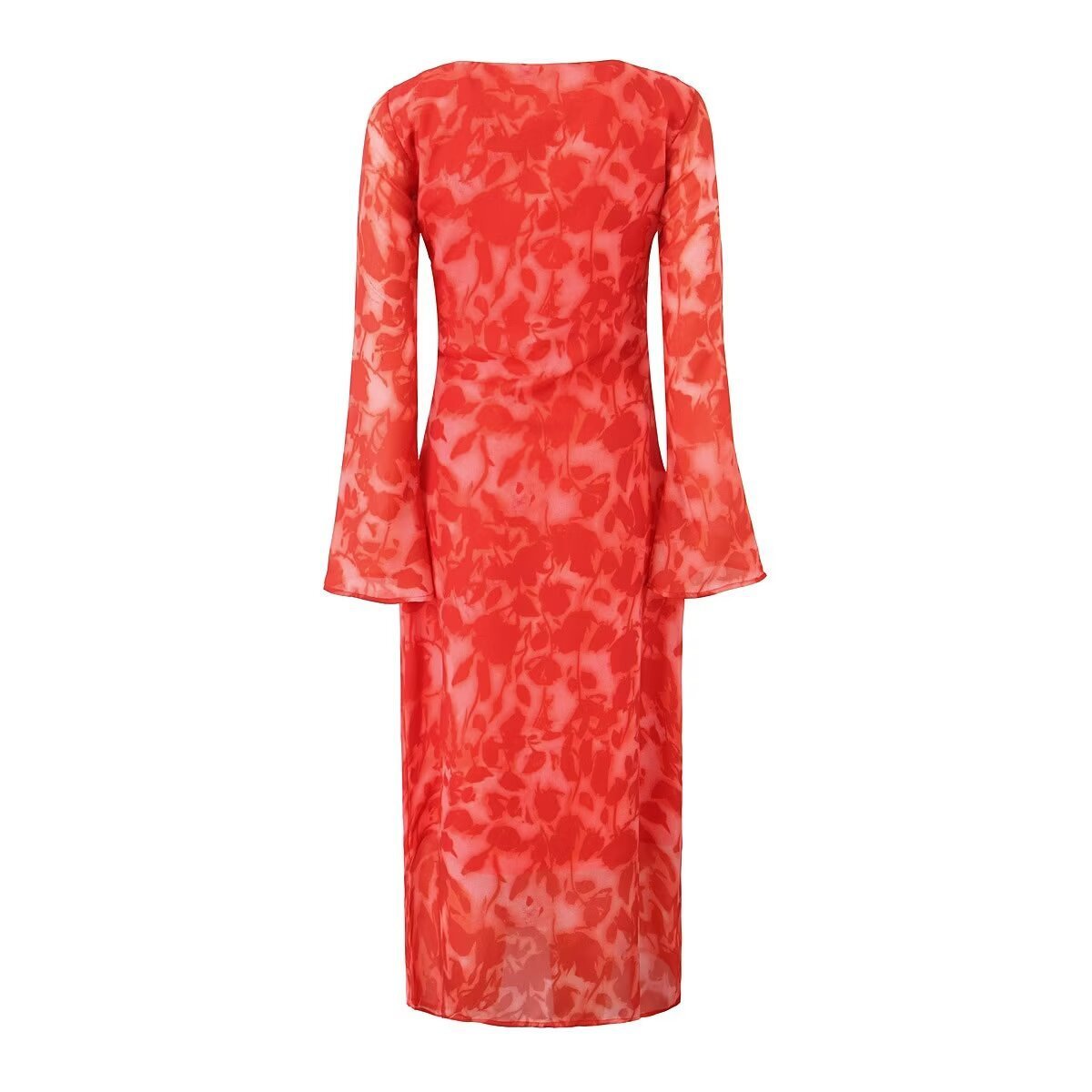 Women's Clothing Rose Printed Long Sleeve Dress Midi Dress