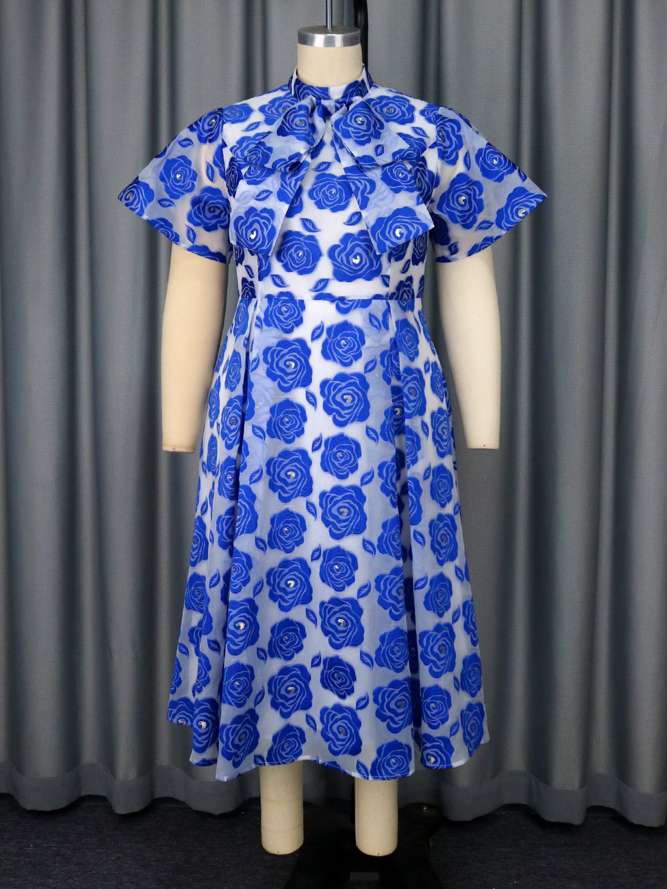Half Turtleneck A- Line Tie Neckline Strap Bow Blue Embossed Dress