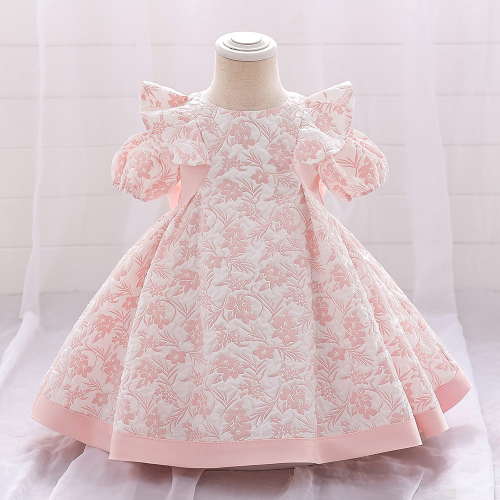 Girls' Fashion Bowknot Embroidered Dress