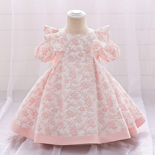 Girls' Fashion Bowknot Embroidered Dress