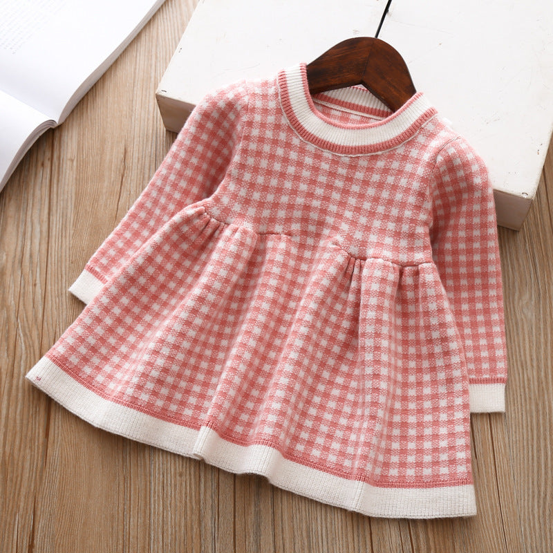 Girls' Plaid Knitted Children's Baby Sweater Shirt Dress